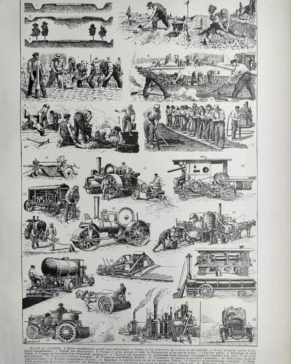 Routes et chaussées, travaux publics et machines, planche ancienne de 1923