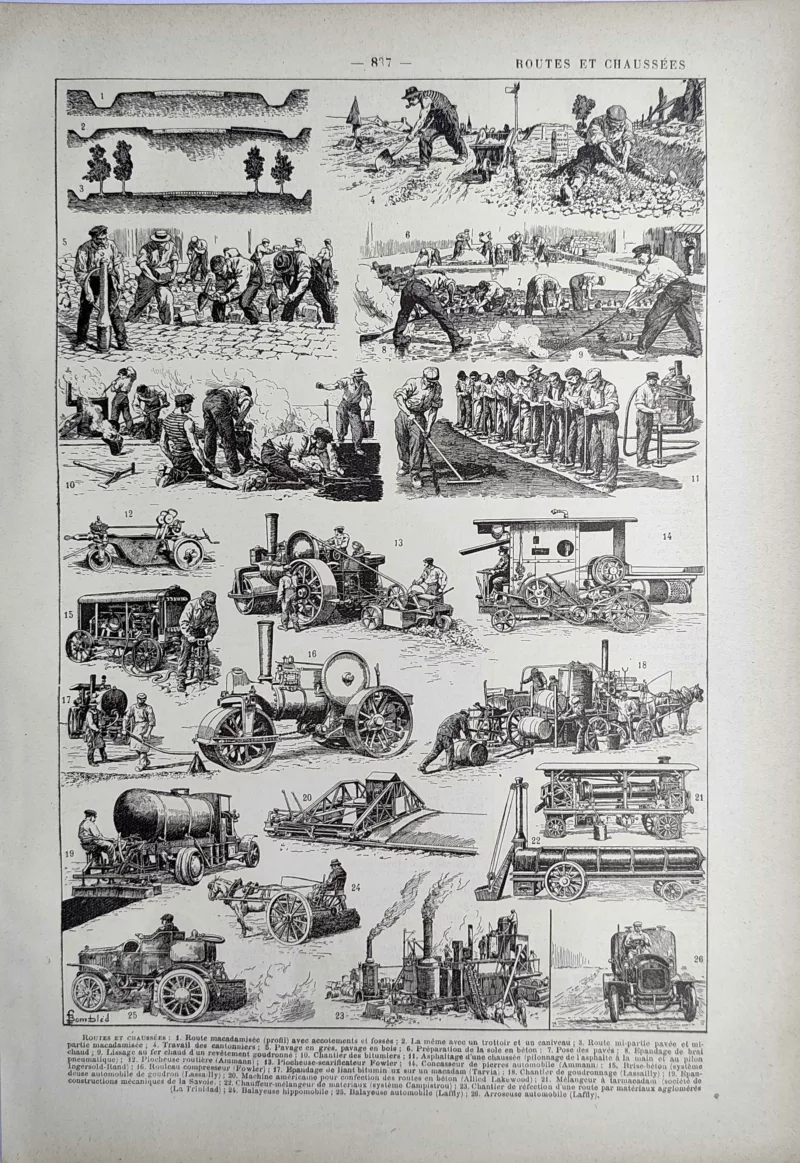 LU21923ROUT-R-Routes-chaussees Routes et chaussées, travaux publics et machines, planche ancienne de 1923
