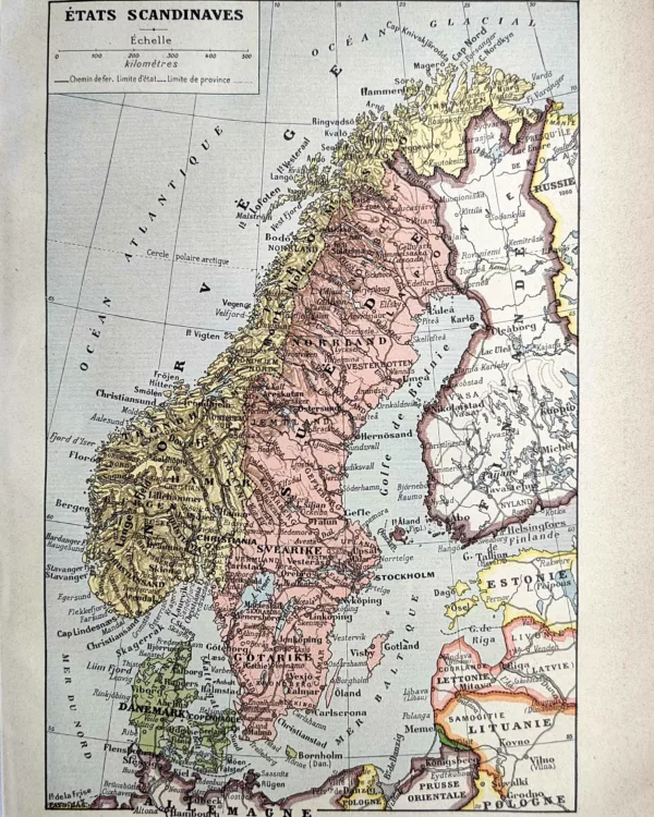 Carte ancienne en couleurs de la Scandinavie, planche géographique de 1923