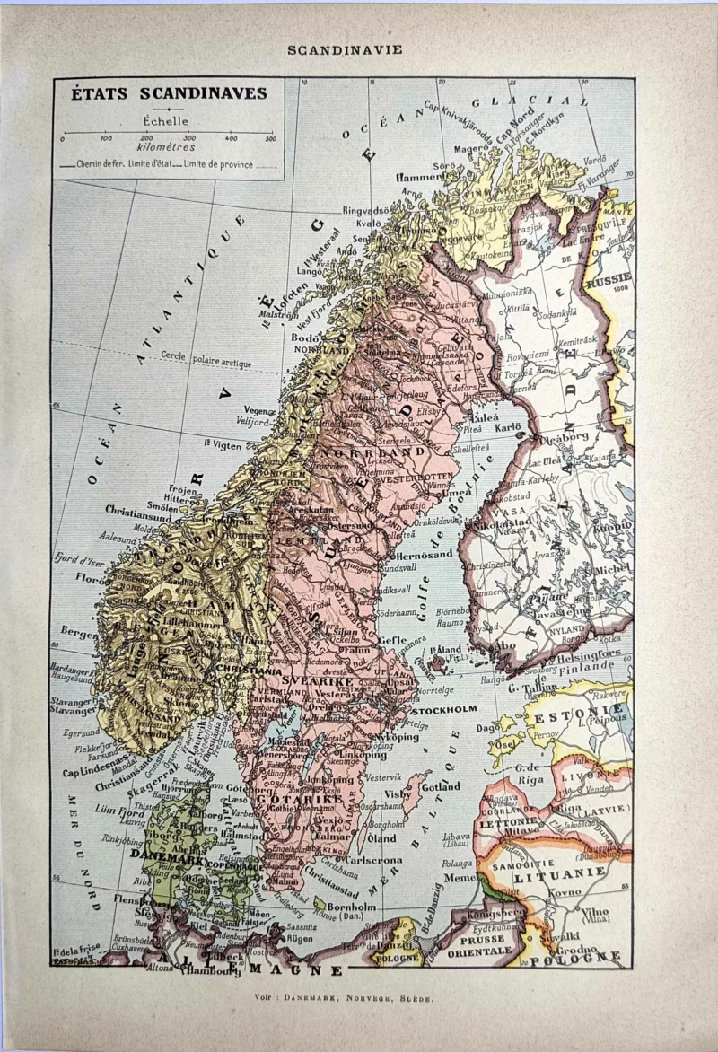 Carte ancienne en couleurs de la Scandinavie, planche géographique de 1923