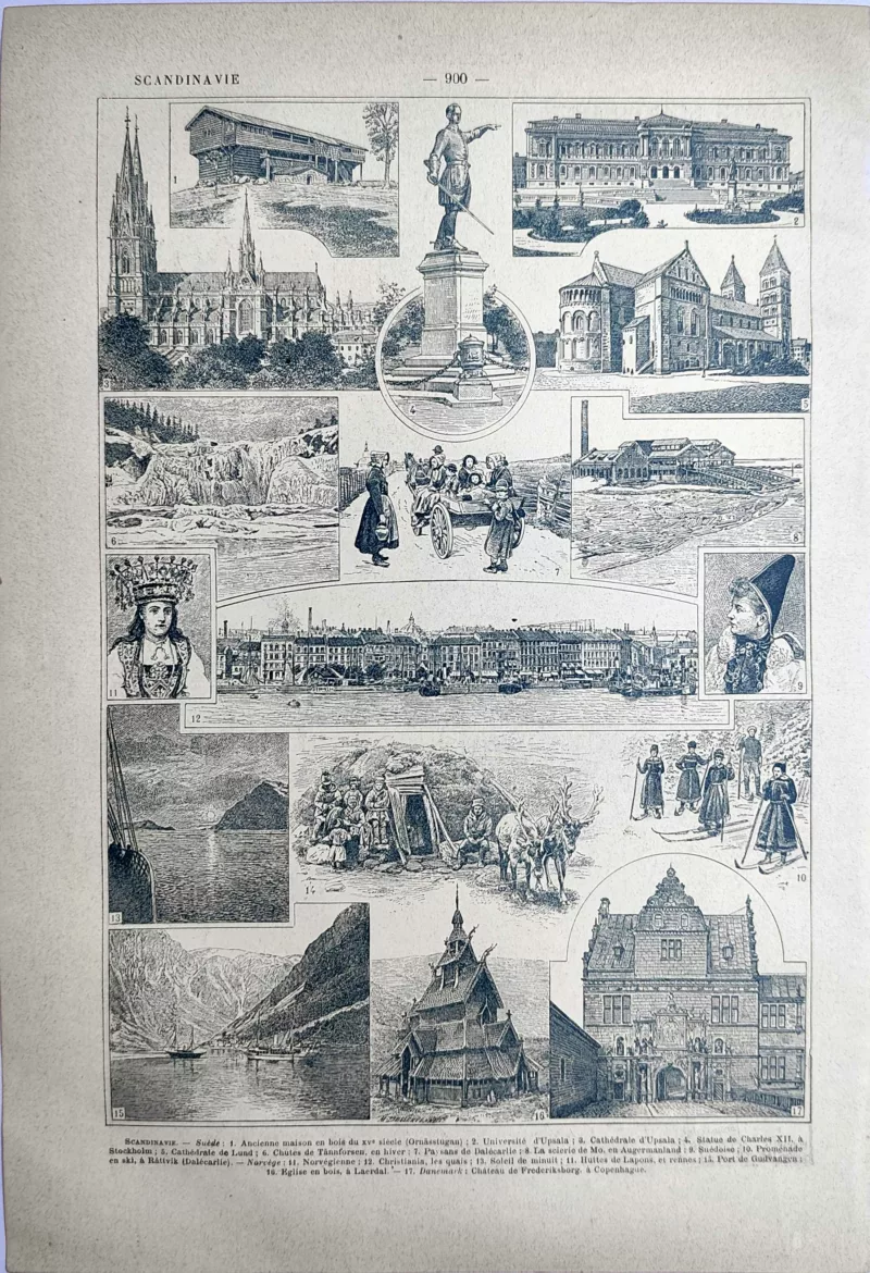 Scandinavie, paysages, monuments et scènes régionales, planche ancienne de 1923