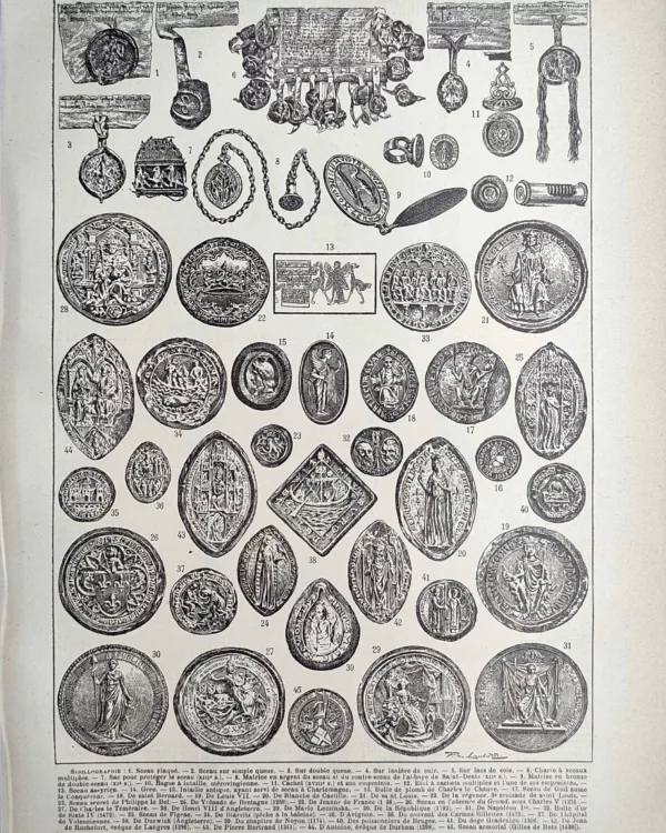 Sigillographie, sceaux anciens, matrices et empreintes, planche historique de 1923