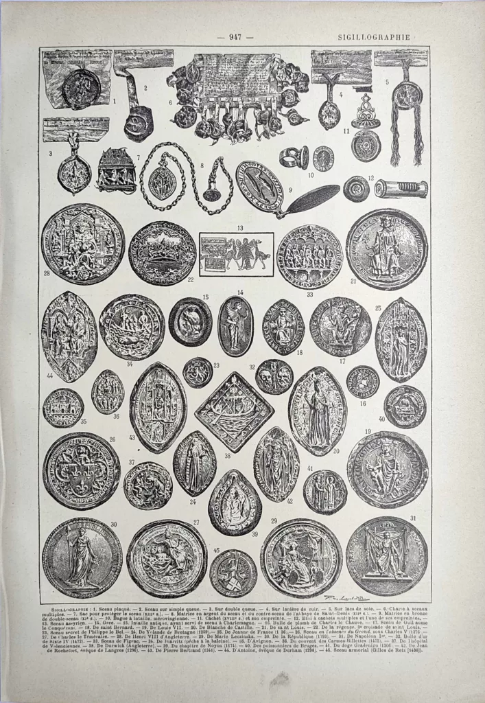Sigillographie, sceaux anciens, matrices et empreintes, planche historique de 1923
