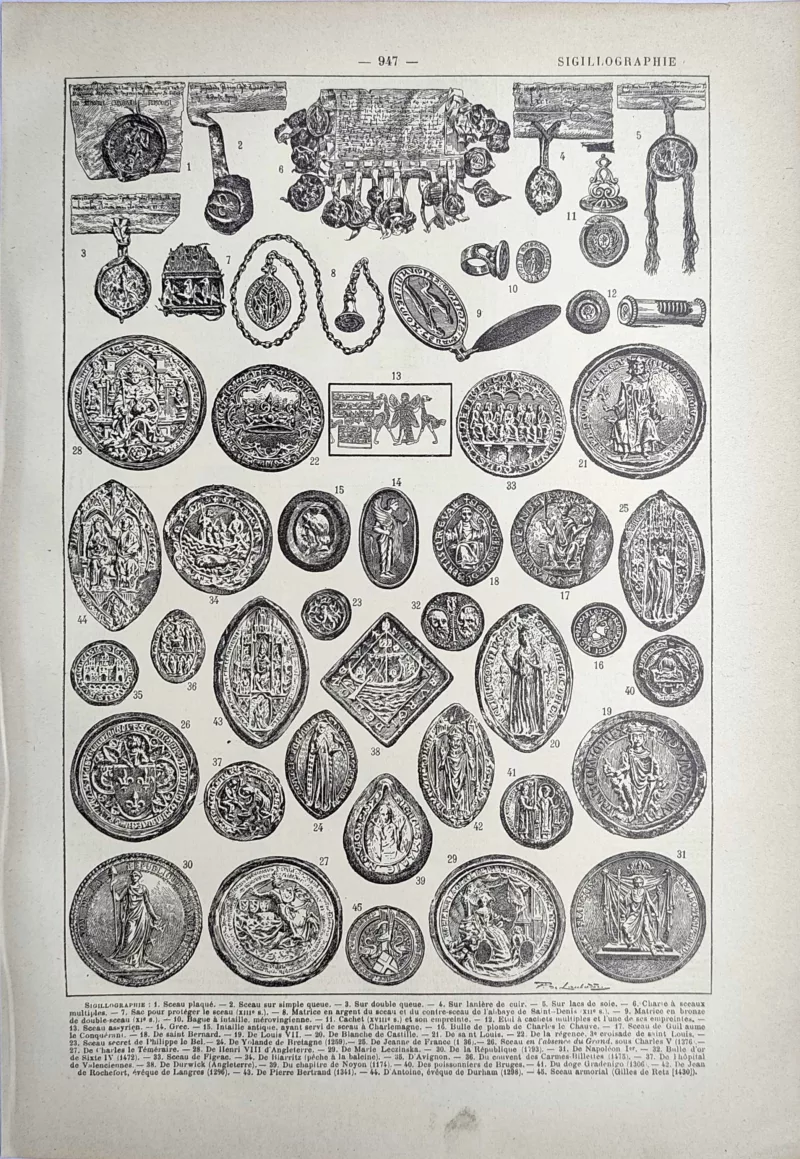 Sigillographie, sceaux anciens, matrices et empreintes, planche historique de 1923