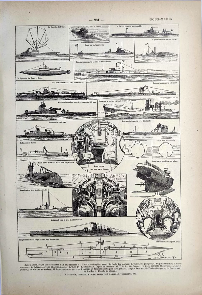 LU21923SOUS-R-Sous-marin Sous-marins, submersibles et vues techniques, planche ancienne de 1923
