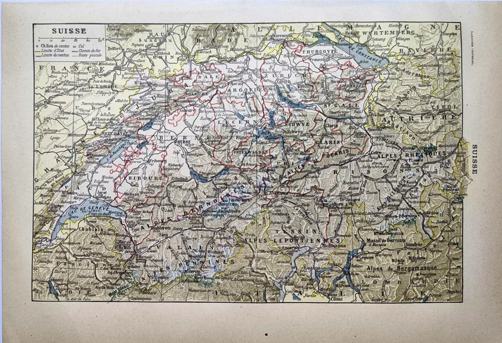 Carte ancienne en couleurs de la Suisse et des cantons, planche de 1923