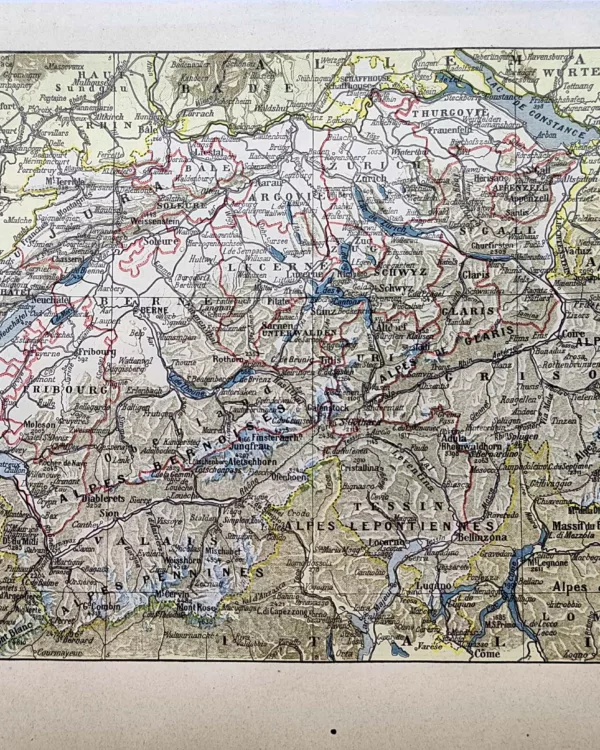 LU21923SUIS-R-Suisse-carte Carte ancienne en couleurs de la Suisse et des cantons, planche de 1923