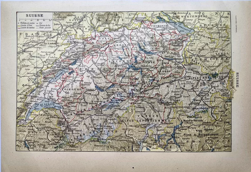 LU21923SUIS-R-Suisse-carte Carte ancienne en couleurs de la Suisse et des cantons, planche de 1923