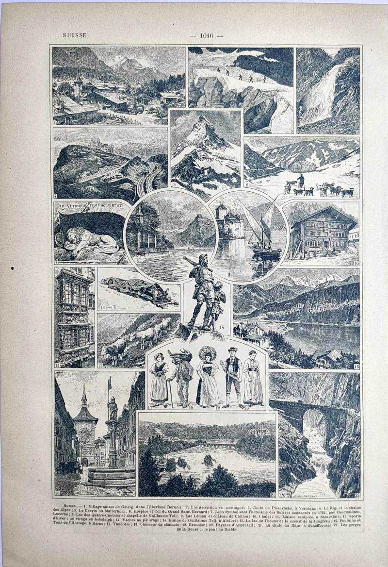 LU21923SUIS-V-Suisse-paysages Paysages alpins, villes et monuments de Suisse, planche ancienne de 1923