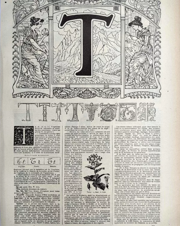 Lettre T décorative et alphabet typographique, planche ancienne de 1923
