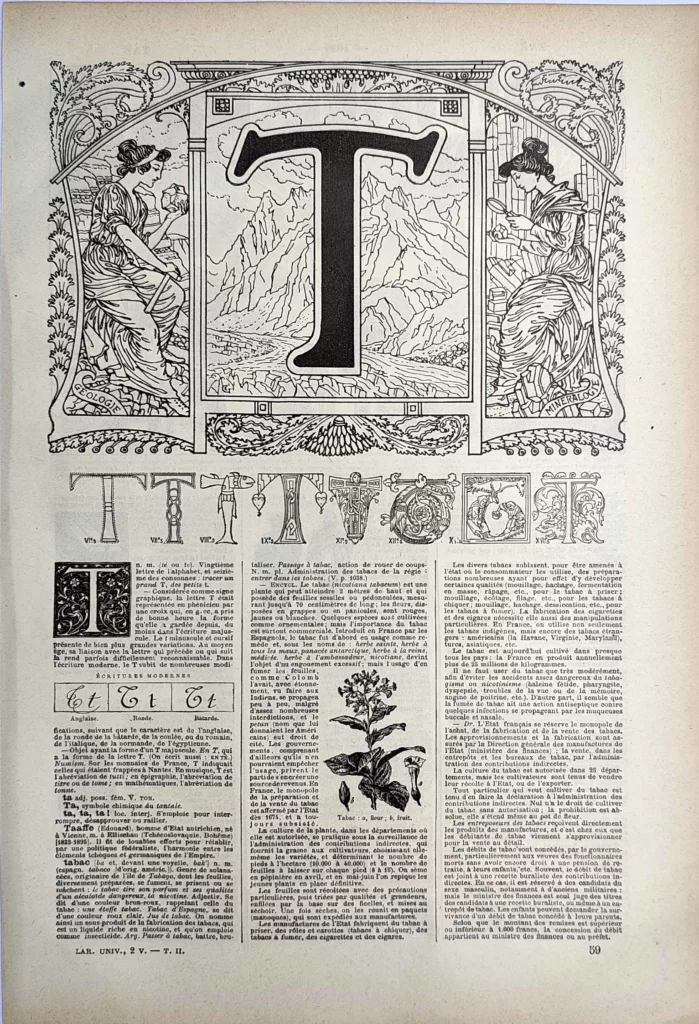 Lettre T décorative et alphabet typographique, planche ancienne de 1923