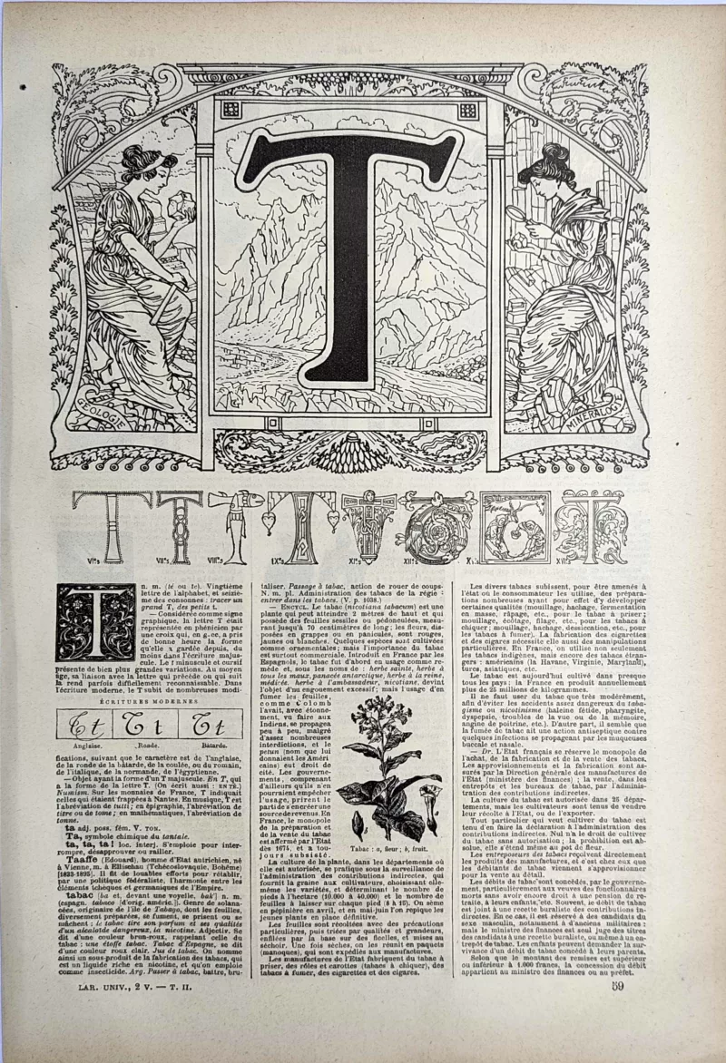 LU21923T000-R-Lettre-T Lettre T décorative et alphabet typographique, planche ancienne de 1923