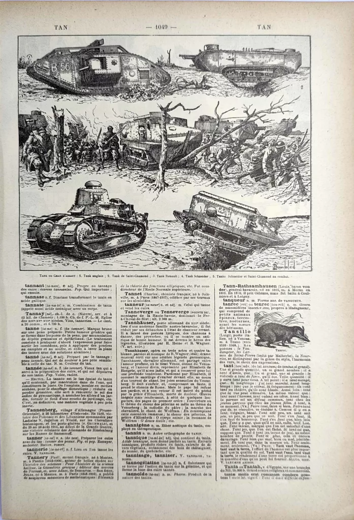 Chars d’assaut de la Première Guerre mondiale, planche ancienne de 1923