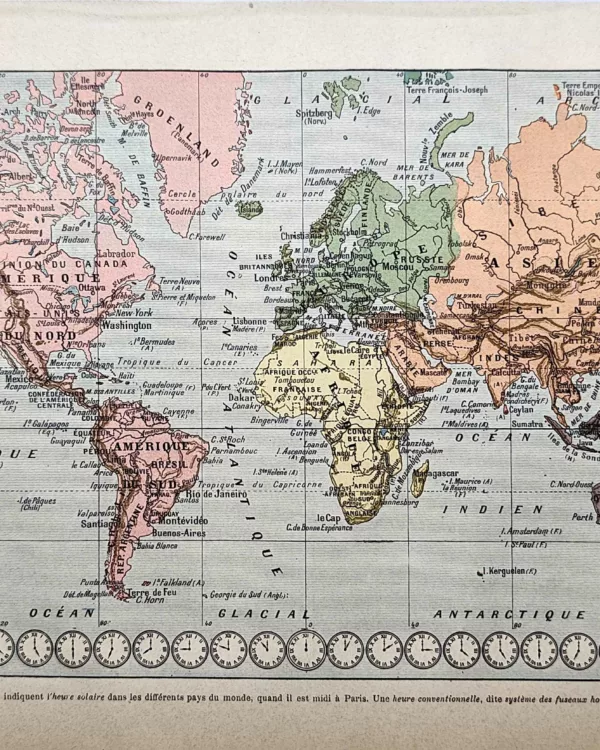 LU21923TERR-R-Terre Planisphère en couleurs avec fuseaux horaires, carte ancienne de 1923