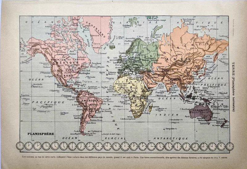 Planisphère en couleurs avec fuseaux horaires, carte ancienne de 1923
