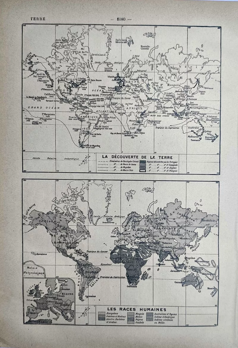Cartes anciennes des explorations et classifications humaines, document de 1923