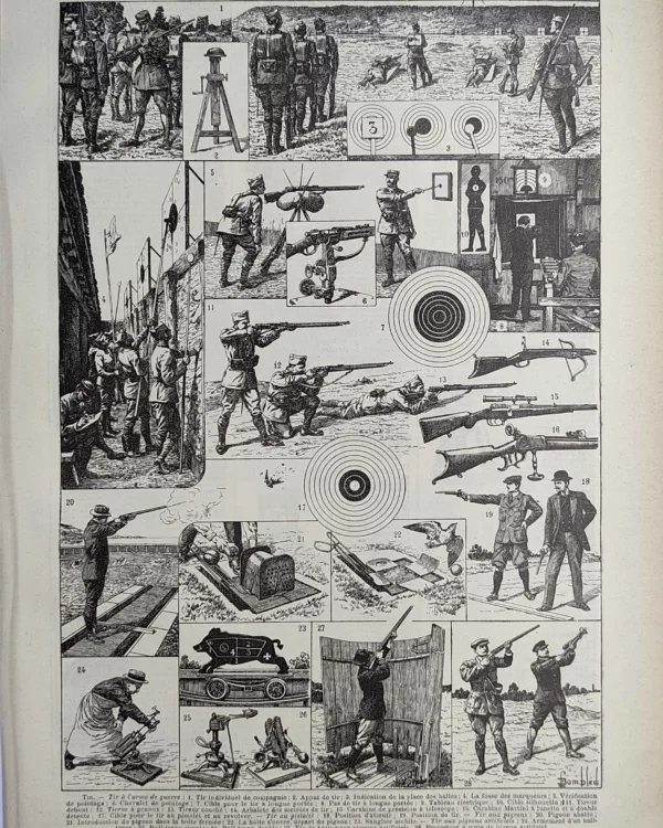 Tir militaire et sportif, armes, cibles et stands, planche ancienne de 1923