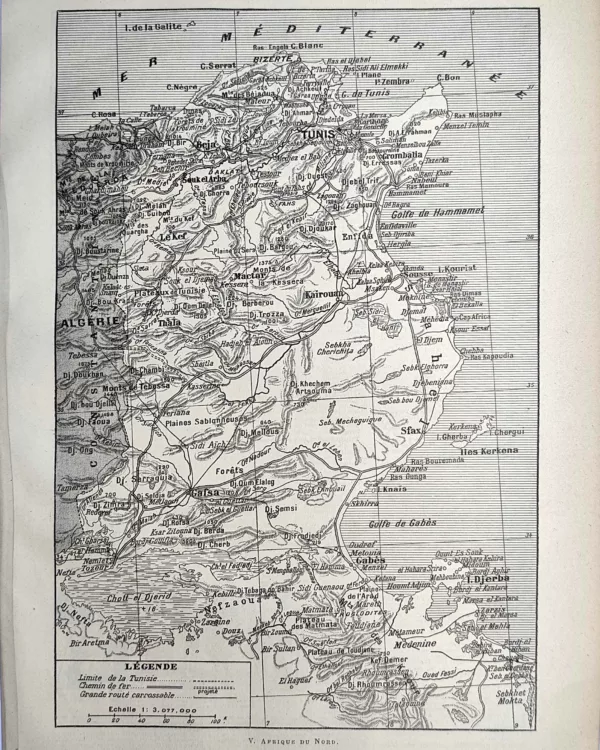 LU21923TUNI-R-Tunisie Carte ancienne en noir et blanc de la Tunisie, villes, reliefs et voies ferrées, 1923