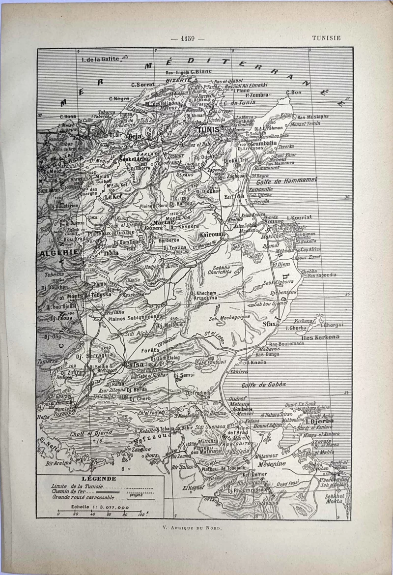 LU21923TUNI-R-Tunisie Carte ancienne en noir et blanc de la Tunisie, villes, reliefs et voies ferrées, 1923