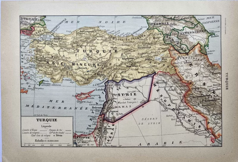 LU21923TURQ-R-Turquie-carte Carte en couleurs de la Turquie et des régions voisines, document de 1923