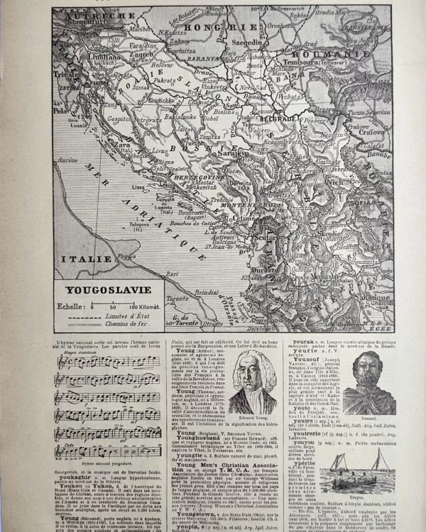 LU21923YOUG-R-Yougoslavie Carte ancienne de la Yougoslavie et extrait de partition de son hymne, page de 1923