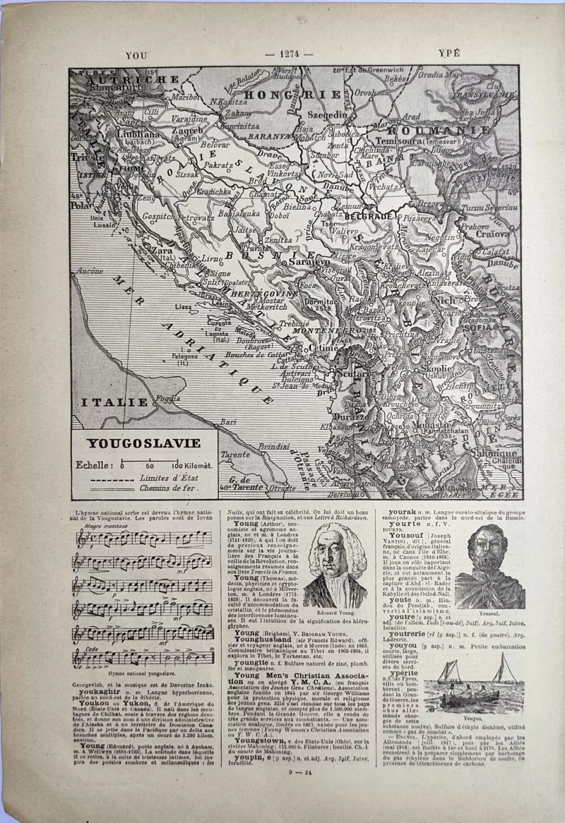 Carte ancienne de la Yougoslavie et extrait de partition de son hymne, page de 1923